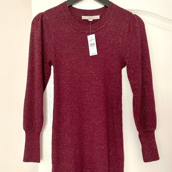 NWT Loft Ribbed Sparkly Sweater Midi Dress in Burgundy Size XS - Picture 1 of 10